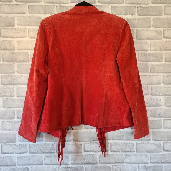 3B West Womens Fringed Leather Jacket Red Suede Open Front Size Large *read - Picture 2 of 12